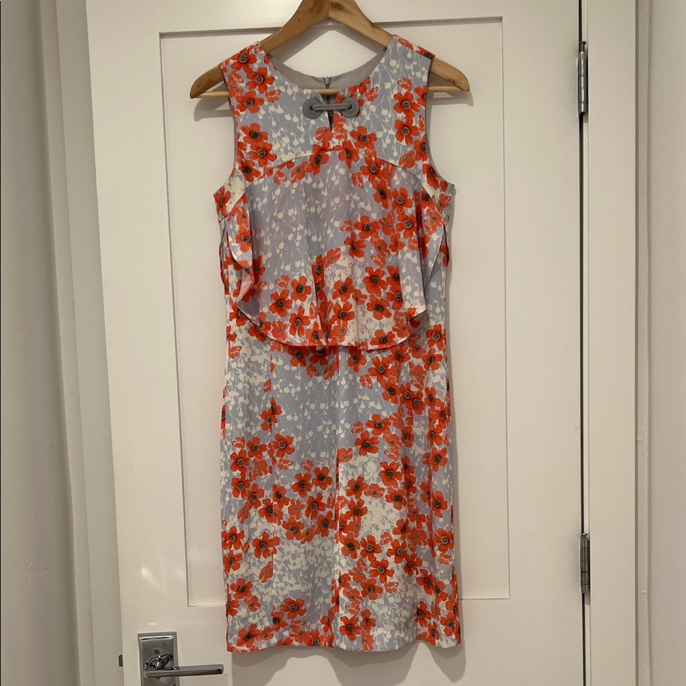 Giorgio Armani Light Gray Floral Sheath Dress with Red-Orange Flowers